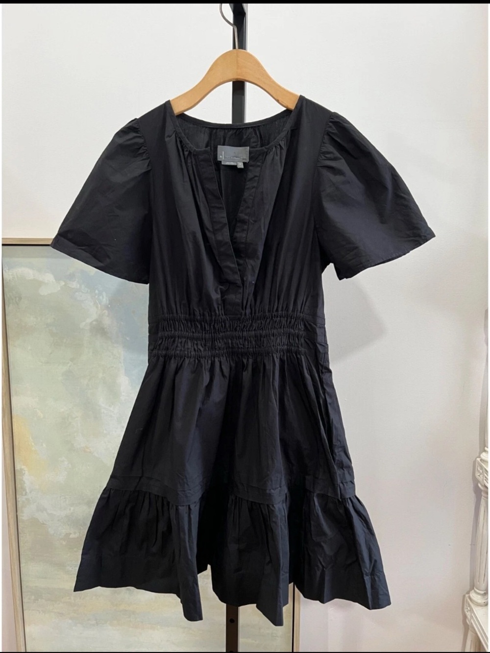 Anthropologie Black V-Neck Smocked Waist Tiered Mini Dress - Picture 3 of 7